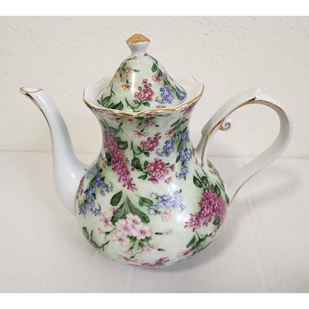 Victoria's Garden Floral Porcelain Teapot Gold Trim Pink Purple Flowers 6"